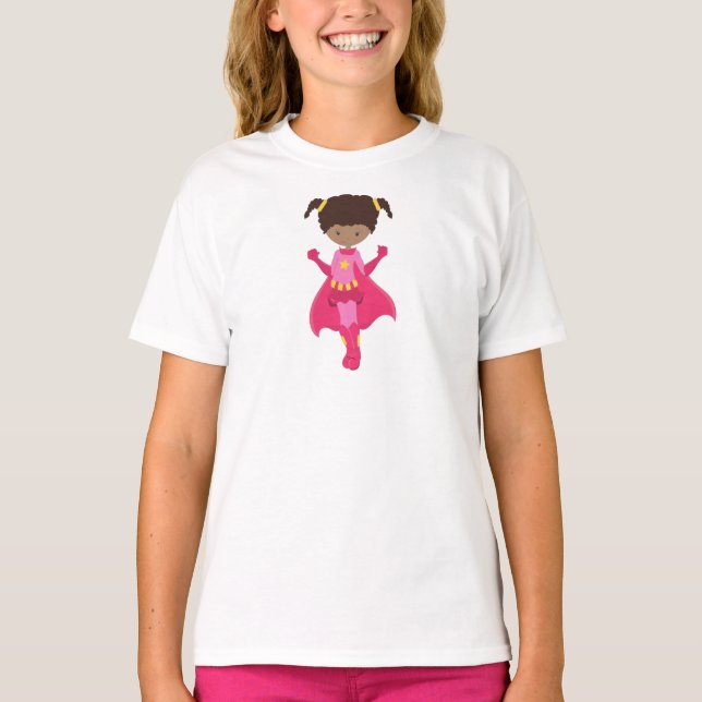 T-shirt Superhero Girl, African American Girl, Pink Cape (Devant)
