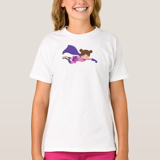 T-shirt Superhero Girl, Cheveux Brown, Cap violet, Petite  (Devant)