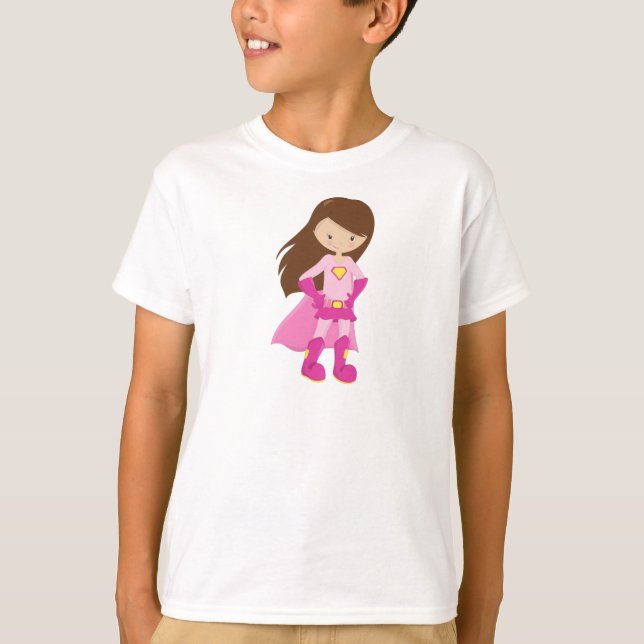 T-shirt Superhero Girl, cheveux Brown, mignonne fille, cap (Devant)