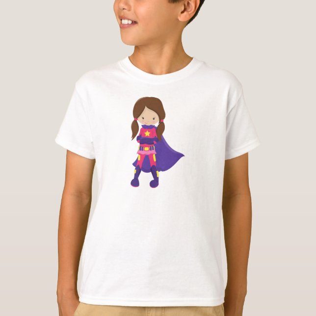 T-shirt Superhero Girl, cheveux Brown, mignonne fille, cap (Devant)