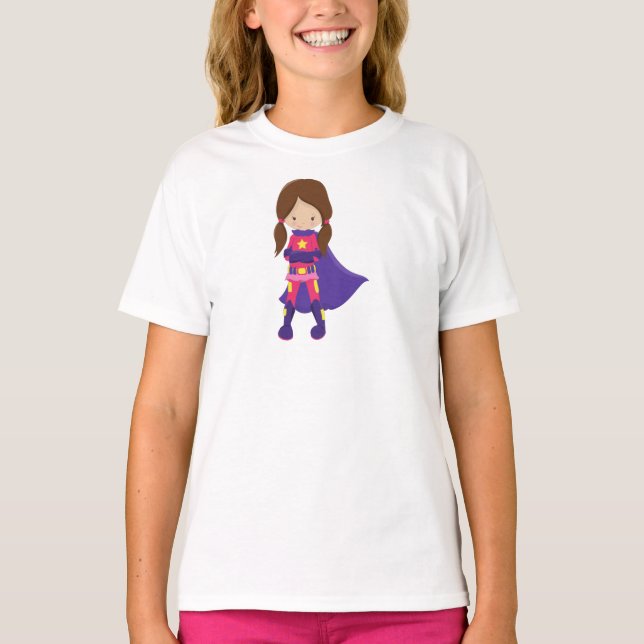 T-shirt Superhero Girl, cheveux Brown, mignonne fille, cap (Devant)