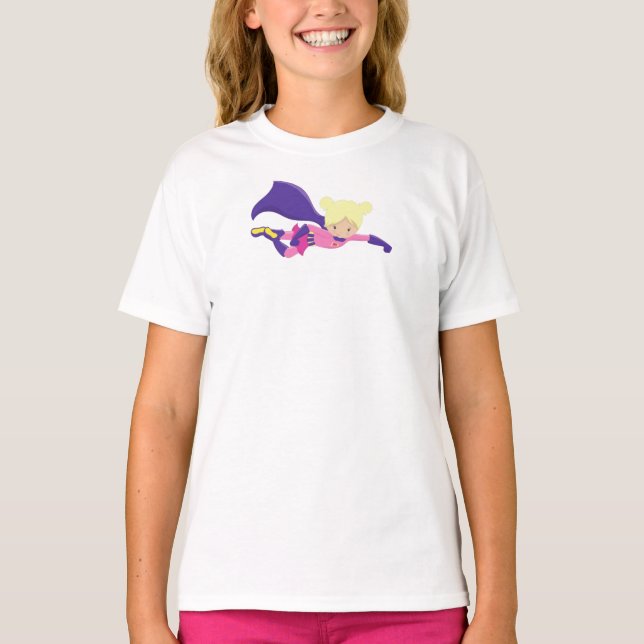 T-shirt Superhero Girl, Héros, Cheveux blonde, Cap violet (Devant)