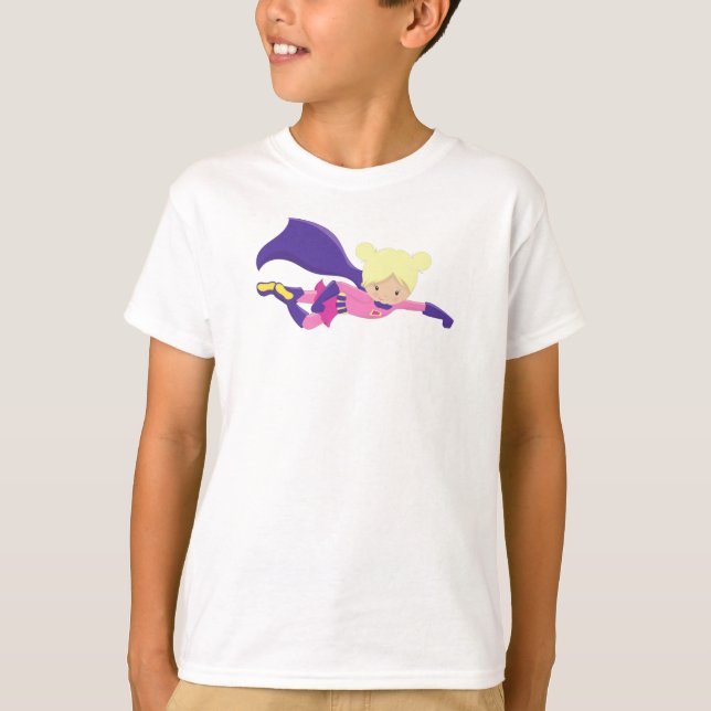 T-shirt Superhero Girl, Héros, Cheveux blonde, Cap violet (Devant)