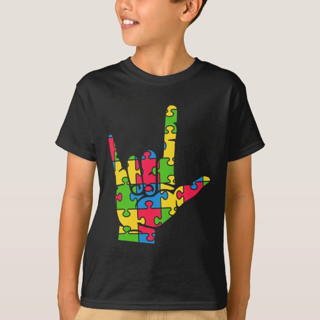 T-shirt Support Autism Love Sign Language (Devant)