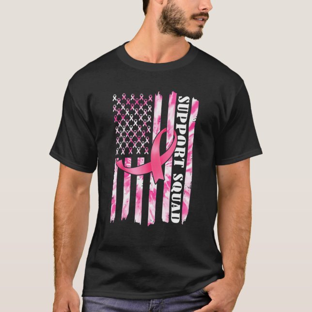 T-shirt Support Squad American USA Flag Pink Ribbon Breast (Devant)