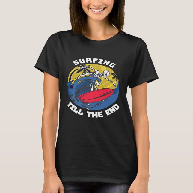 T-shirt Surf Big Wave Skeleton Sur Surfboard Retro Sunse (Devant)