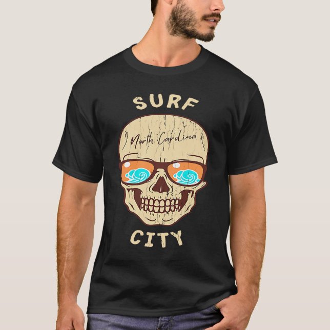 T-shirt Surf City NC Summertime Vacationing Skull Sunglass (Devant)