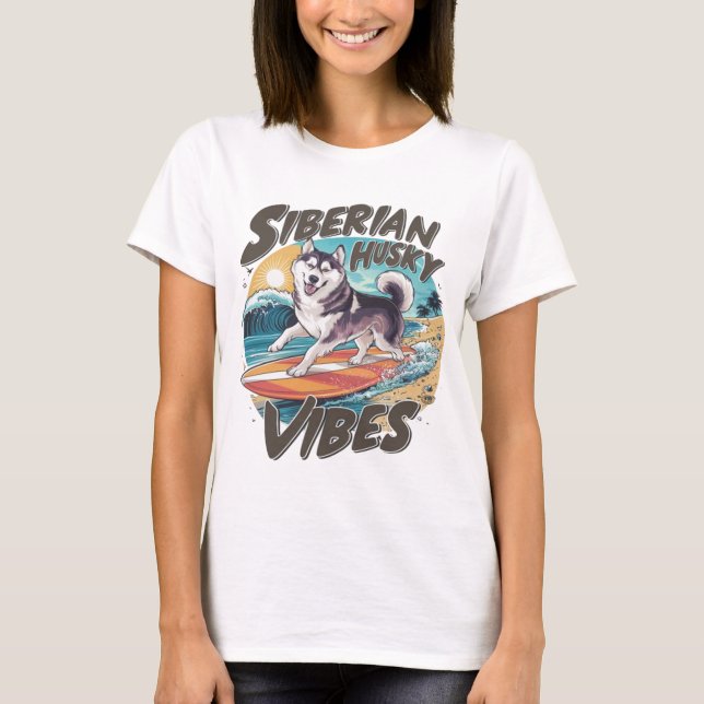 T-shirt Surf Husky Sibérien conquérant la houle tropicale (Devant)