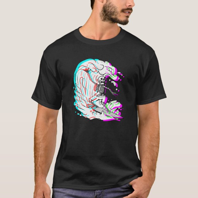 T-shirt Surf Skeleton Funny Beach Surfer Vaporwave Surf (Devant)