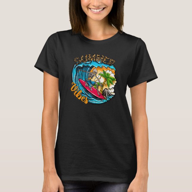 T-shirt Surf Skeleton Summer Vibes Beach Waves Sunset S (Devant)
