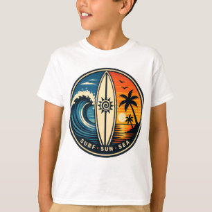 T-shirt Surf • Soleil • Mer Badge Vague Tropicale Rétro