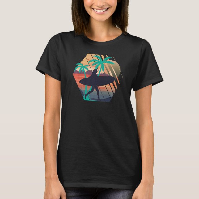 T-shirt Surf Surf Surfer Surfboarder Retro Tropical B (Devant)