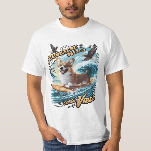 T-shirt Surf Welsh Corgi attraper une grande vague (Devant)