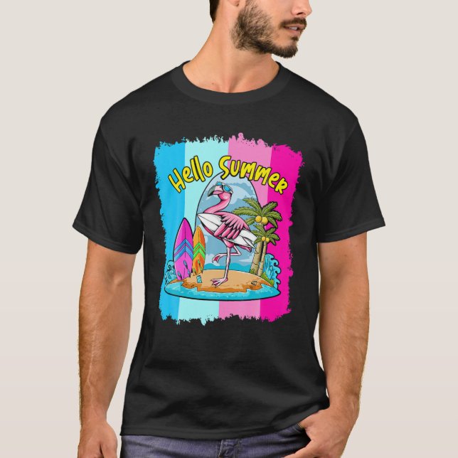 T-shirt Surfboard Hello Summer Flamingo Funny Beach Summer (Devant)