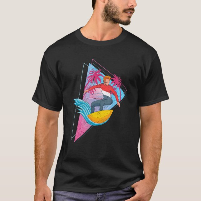 T-shirt Surfboard Waves Surfing Palmiers Tropical Synthw (Devant)