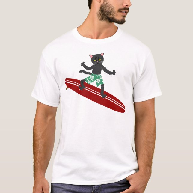 T-shirt Surfer de Longboard de chat noir (Devant)