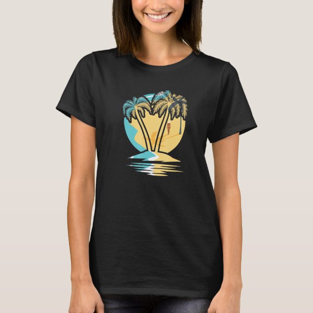 T-shirt Surfer Ocean Palm Tree Sunset Surfboard Waves Surf (Devant)
