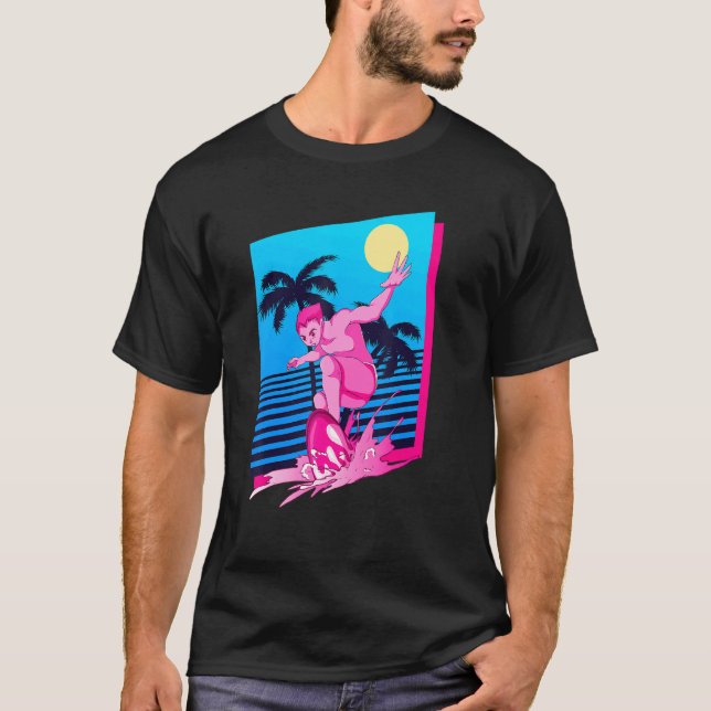 T-shirt Surfer Synthwave Sunset Palm Trees Surf 80s Vap (Devant)