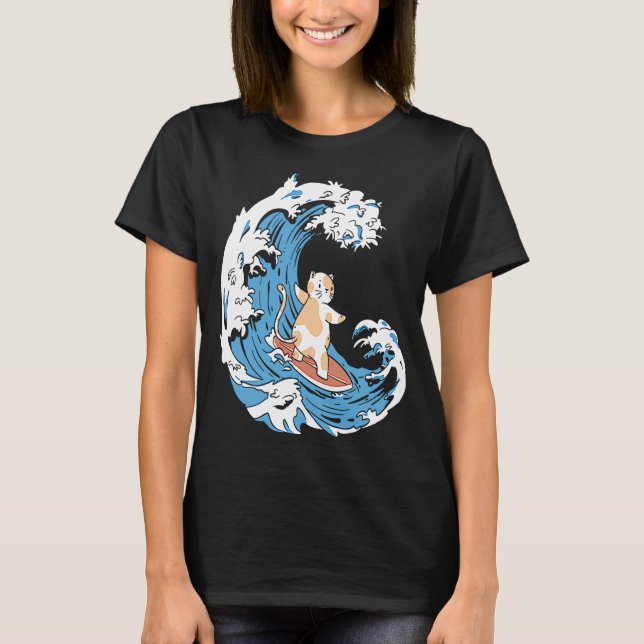 T-shirt Surfer Waves Surfboard Surfrider Cat Surfing (Devant)