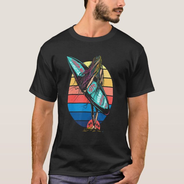 T-shirt Surfeur Rétro Coucher de Soleil Planche de Surf Su (Devant)