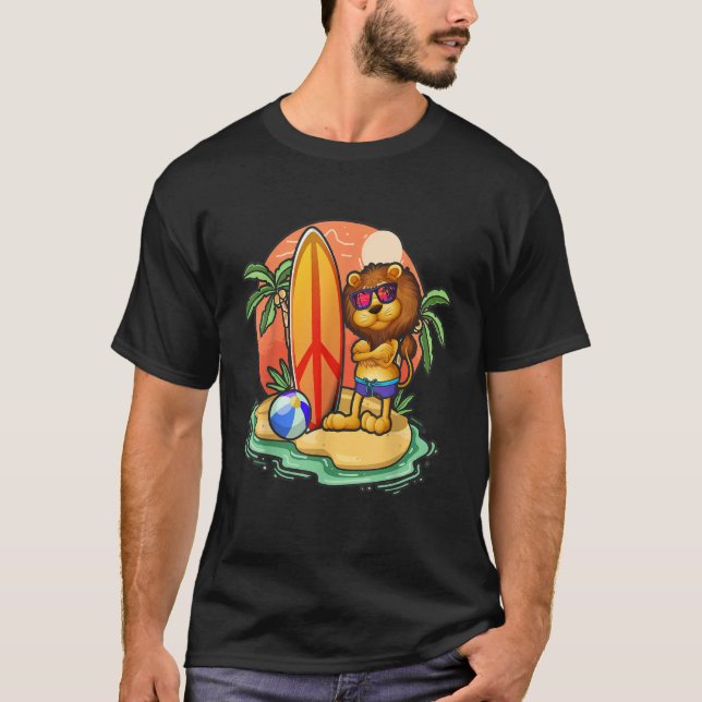 T-shirt Surfing Lion  Beach Vacation Animal Graphic (Devant)
