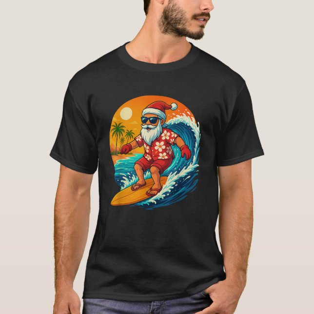 T-shirt Surfing Santa Tropical Christmas Holiday Hawaiian  (Devant)
