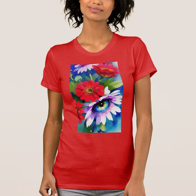 T-shirt Surreal Blue Eye Pink Flower & Red Zenias (Devant)