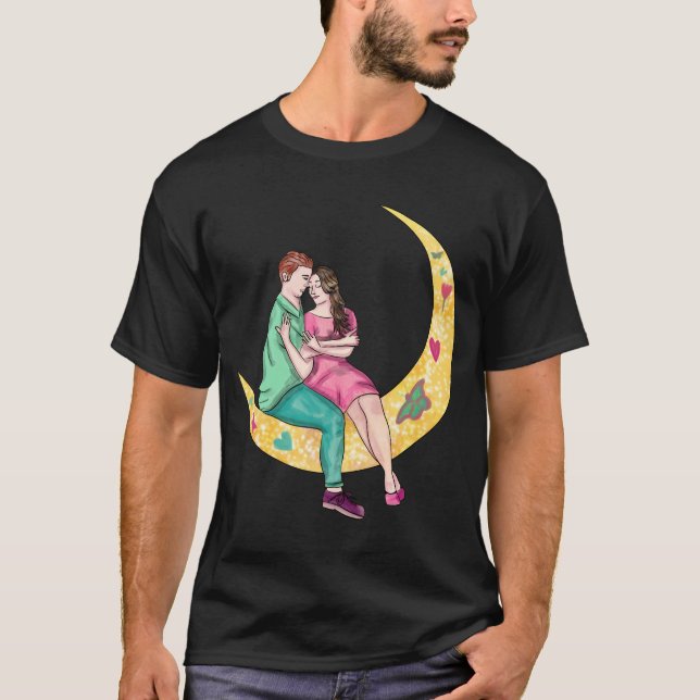 T-shirt Surreal Couple Art Assis Sur La Lune (Devant)