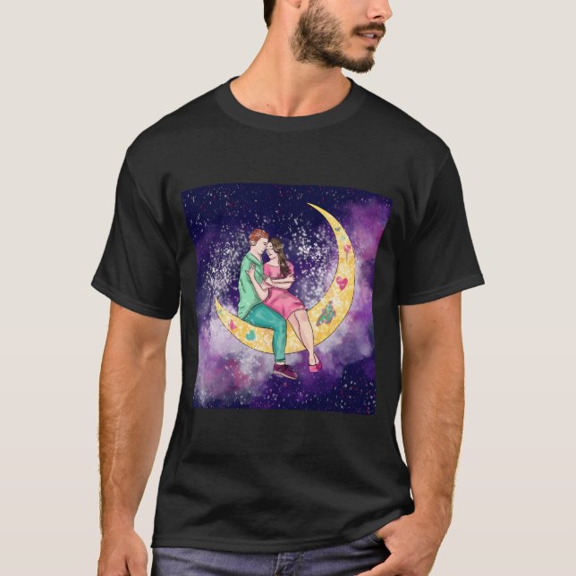 T-shirt Surreal Couple Art Assis Sur La Lune Avec Étoiles (Devant)