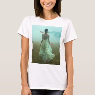 T-shirt surreal fashion. Bride walking in the field