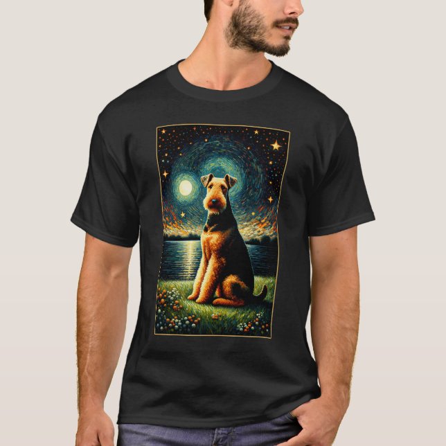 T-shirt Surreal Starry Night Airedale Terrier Amoureux des (Devant)