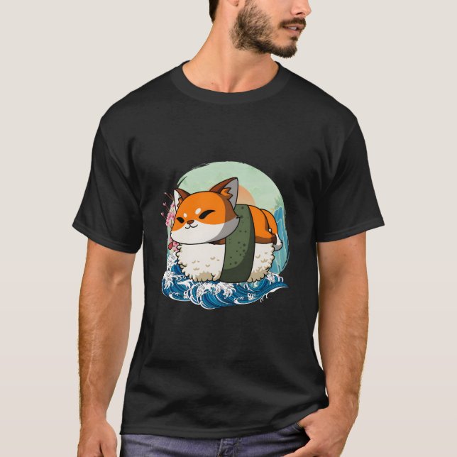 T-shirt Sushi Fox Japanese Great Wave Kanagawa (Devant)