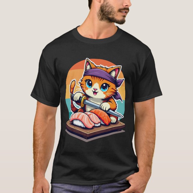 T-shirt Sushi Master Chat avec coucher de soleil tenant un (Devant)