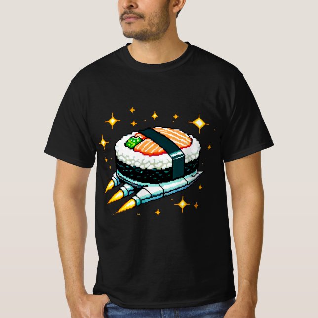 T-shirt Sushi Spacship Pixel Art Flying Sushi Roll Design (Devant)