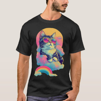 T-shirt Swag Chat Retro Chill Cat avec Rainbow Aura
