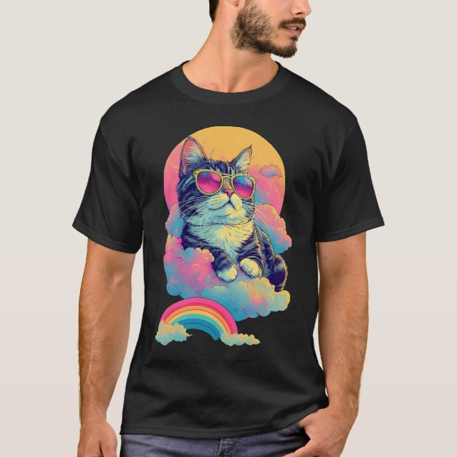 T-shirt Swag Chat Retro Chill Cat avec Rainbow Aura (Devant)