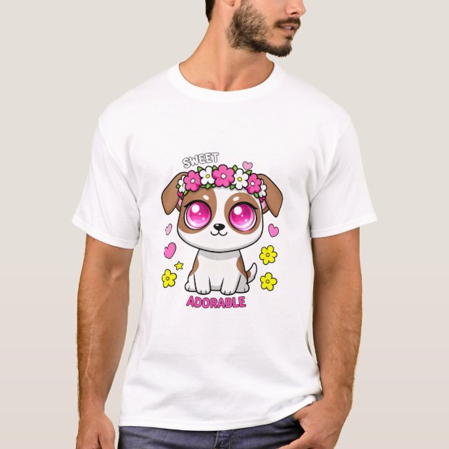 T-shirt Sweet Adorable Puppy Dog with Flower Crown  (Devant)
