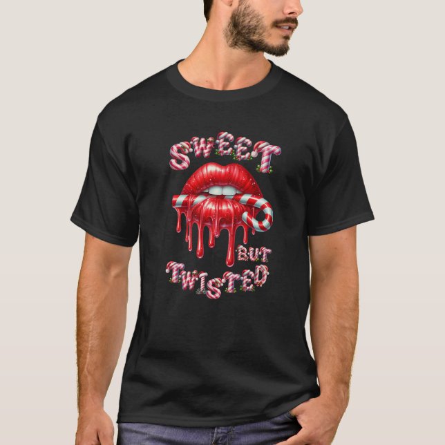 T-shirt Sweet But Twisted Valentine Lips Candy Cane Stick  (Devant)
