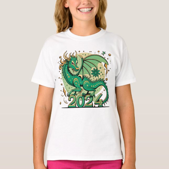 T-shirt Symbole 2024 Nouvel An, Dragon de Bois Vert (Devant)