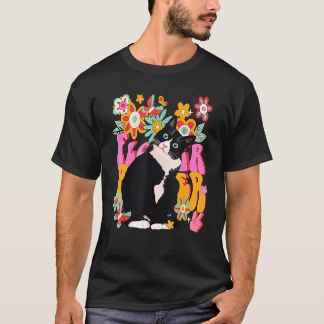 T-shirt Symbole de paix Tuxedo Cat Retro 60s les années 70 (Devant)