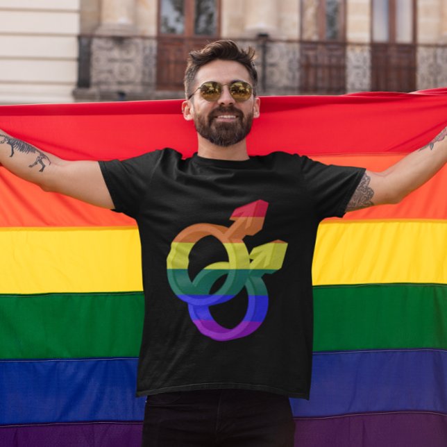 T-shirt Symboles de la Fierté de couple masculin Arc-en-ci (Male Couple Pride Symbols Rainbow Flag T-Shirt)