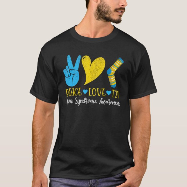 T-shirt Syndrome Down Peace Love T21 Funny Bleu Jaune Ains (Devant)