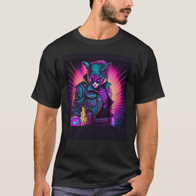 T-shirt Synthwave Cat Retro 80s Vibe (Devant)