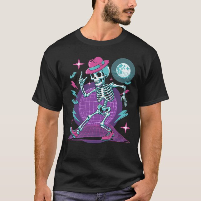 T-shirt Synthwave Dancing Skeleton Retro 80s Halloween (Devant)