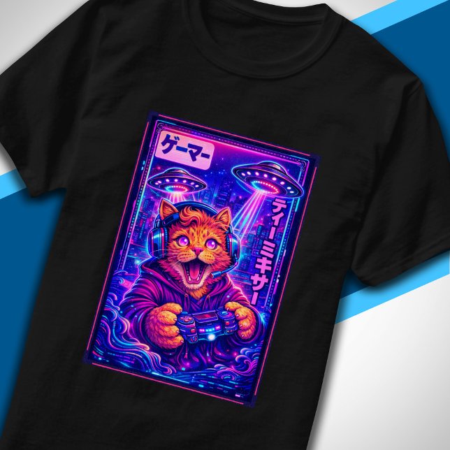 T-shirt Synthwave Japonais Sci-Fi UFO Chat Cool Joueur (Créateur téléchargé)