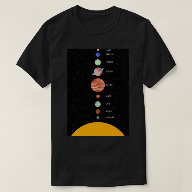 T-shirt Système solaire avec l'écriture des noms des (Design devant)