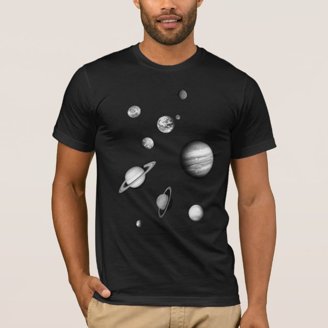 T-shirt Système solaire noir et blanc dans l'espace (Devant)