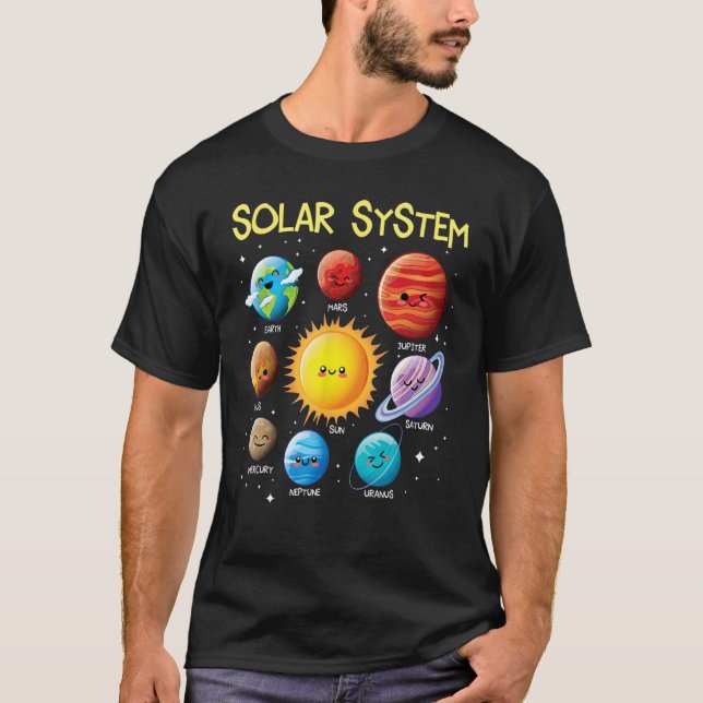 T-shirt Système solaire Planètes à visages mignons Enseign (Devant)