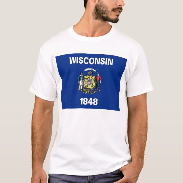 T-shirt T Chemise avec Drapeau du Wisconsin Etat USA (Devant)