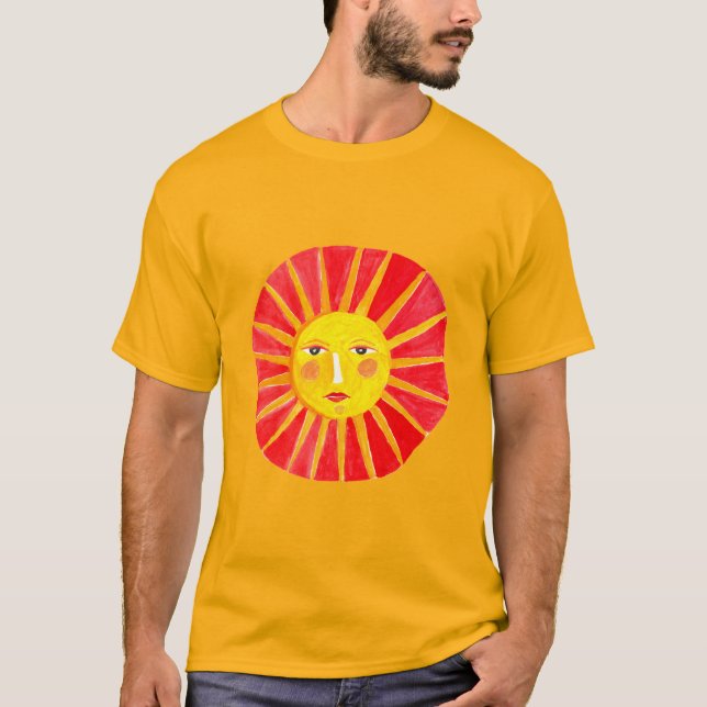 T-shirt T-Chemise Rayonnante Face Soleil Rouge Et Jaune (Devant)